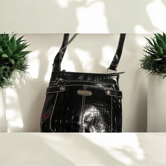 Rosetti Handbags - Rossetti Black Croc Embossed Faux Patent Leather Crossbody Bag